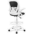 Primy Drafting Chair Tall Office Chair with Flip-up Armrests Executive Ergonomic Computer Standing Desk Chair with Lumbar Support and Adjustable Footrest Ring(White)