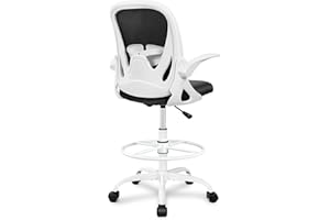 Primy Drafting Chair Tall Office Chair with Flip-up Armrests Executive Ergonomic Computer Standing Desk Chair with Lumbar Support and Adjustable Footrest Ring(White)