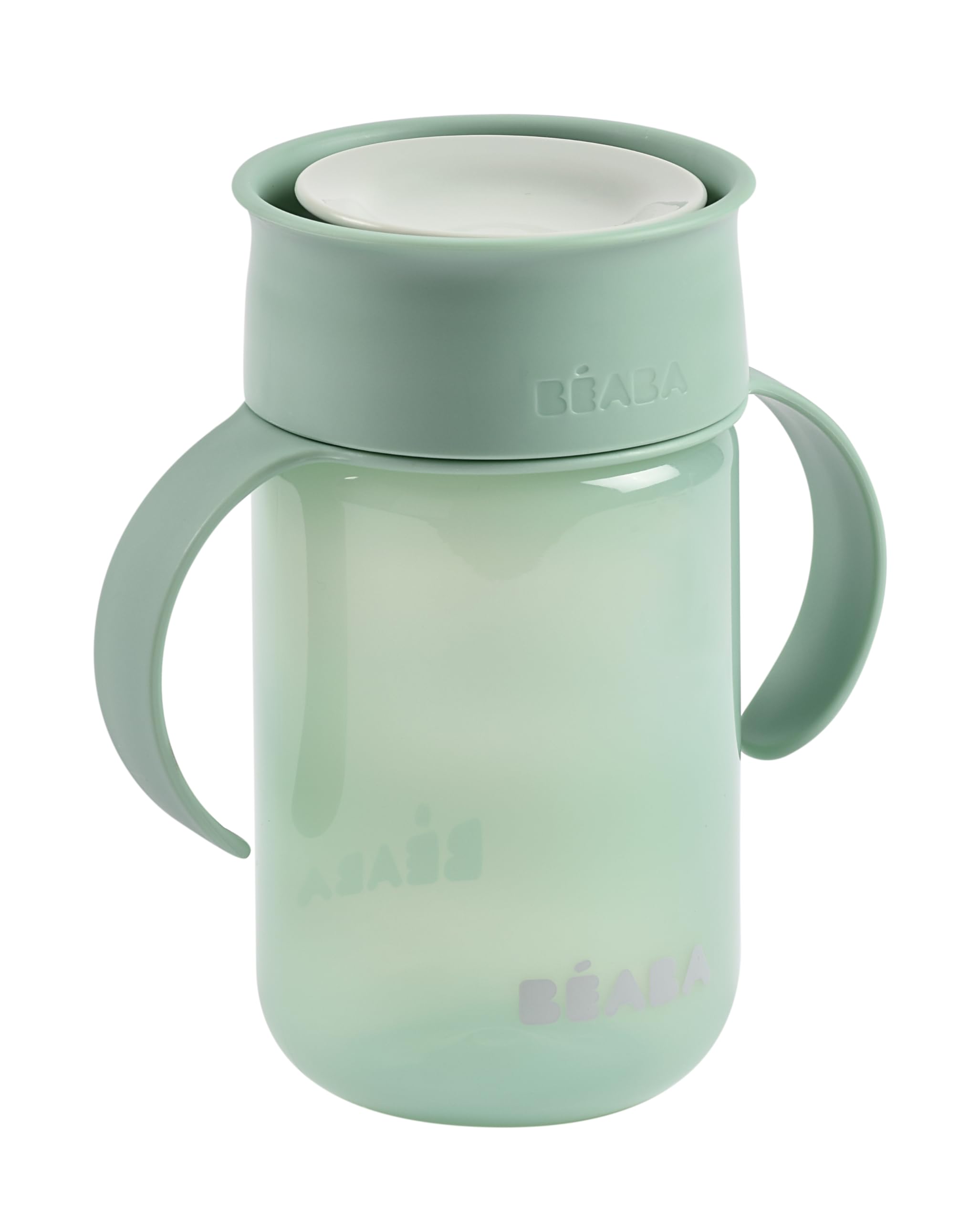 BEABA, 360° Sippy Cup with Anti-Drip Disc, Patented Anti-Leak System Weaning Cup, from 12 Months, Removable Handles, Hygienic Lid, Fast Learning, Strong, Light, 340 ml, Sage Green