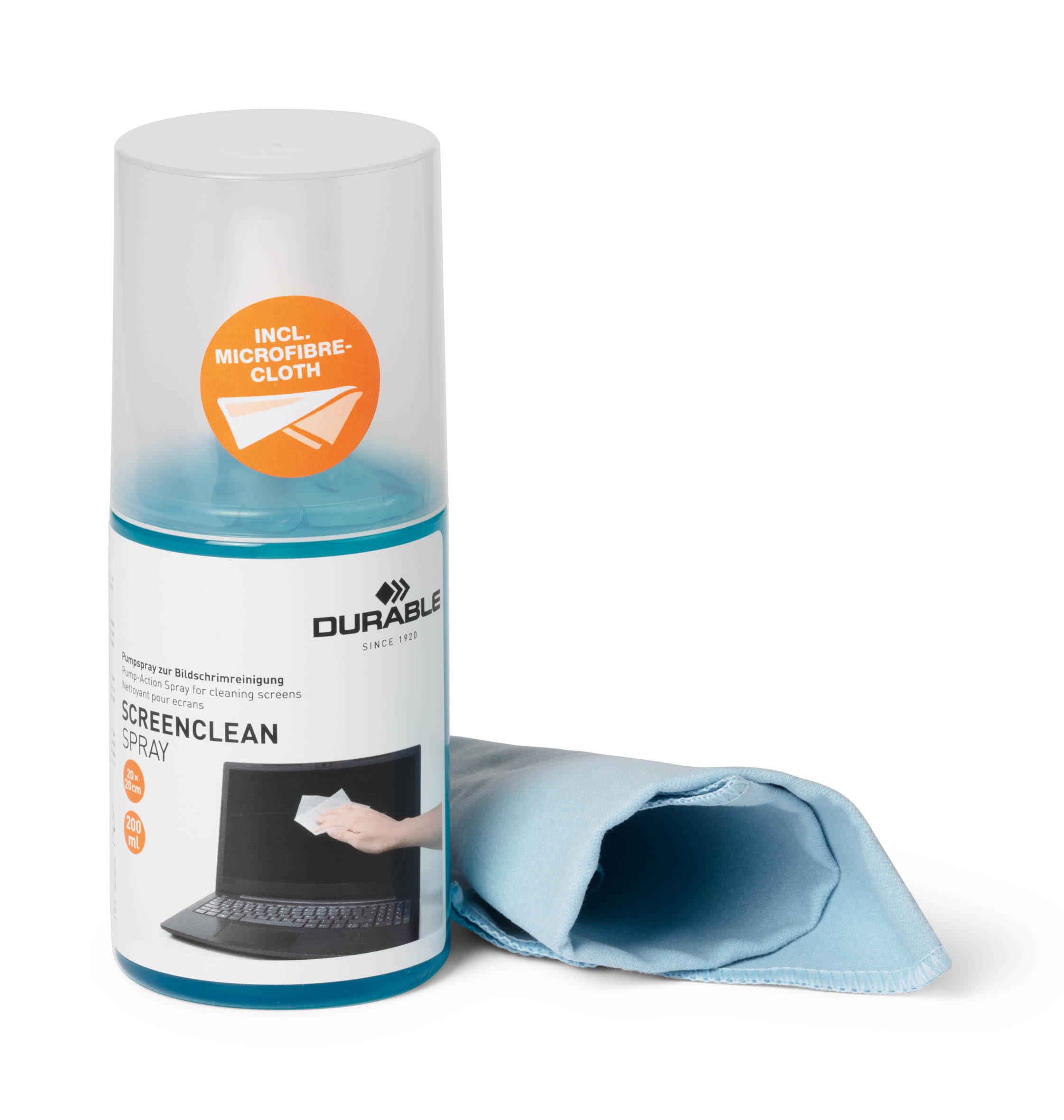 Durable SCREENCLEAN Screen Cleaner Spray and Microfiber Cloth, Smudge Free and Anti Static, for TVs, Computers, Monitors, Laptops, iPads and Phones, 200 ml