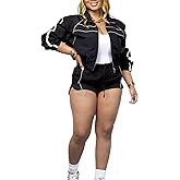 Lucuna Women's 2 Piece Workout Sets Casual Long Sleeve Jacket Elastic Waist Drawstring Athletic Shorts Jogger Sweatsuit Sets