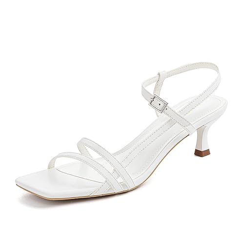 Athlefit Kitten Heels for Women Square Open Toe Low Heel Strappy Sandals Ankle Strap White Sexy Party Wedding Sandals Size 8