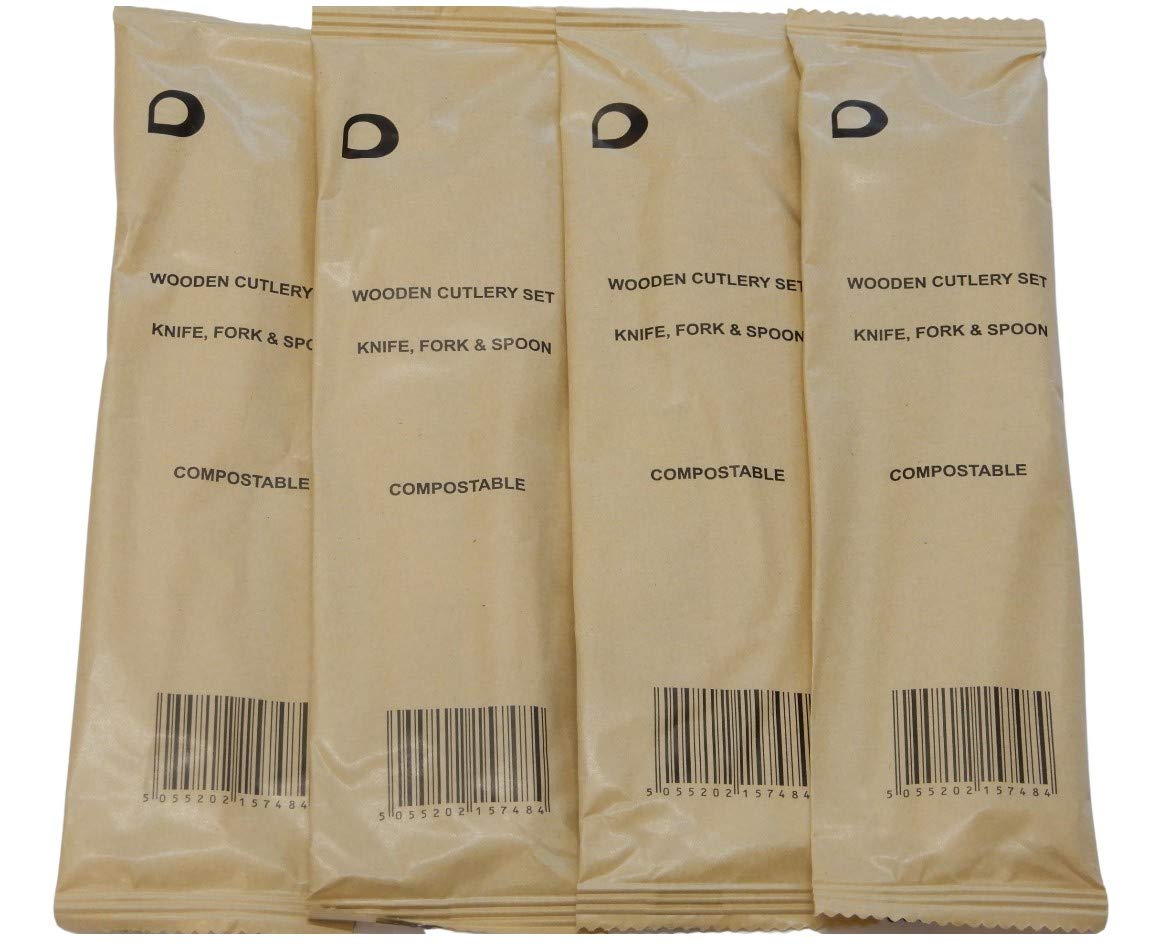 Individual Wrapped Wooden Compostable Cutlery Set's - Pack of 40 Individually Wrapped Wooden Spoon, Fork and Knife Cutlery Set