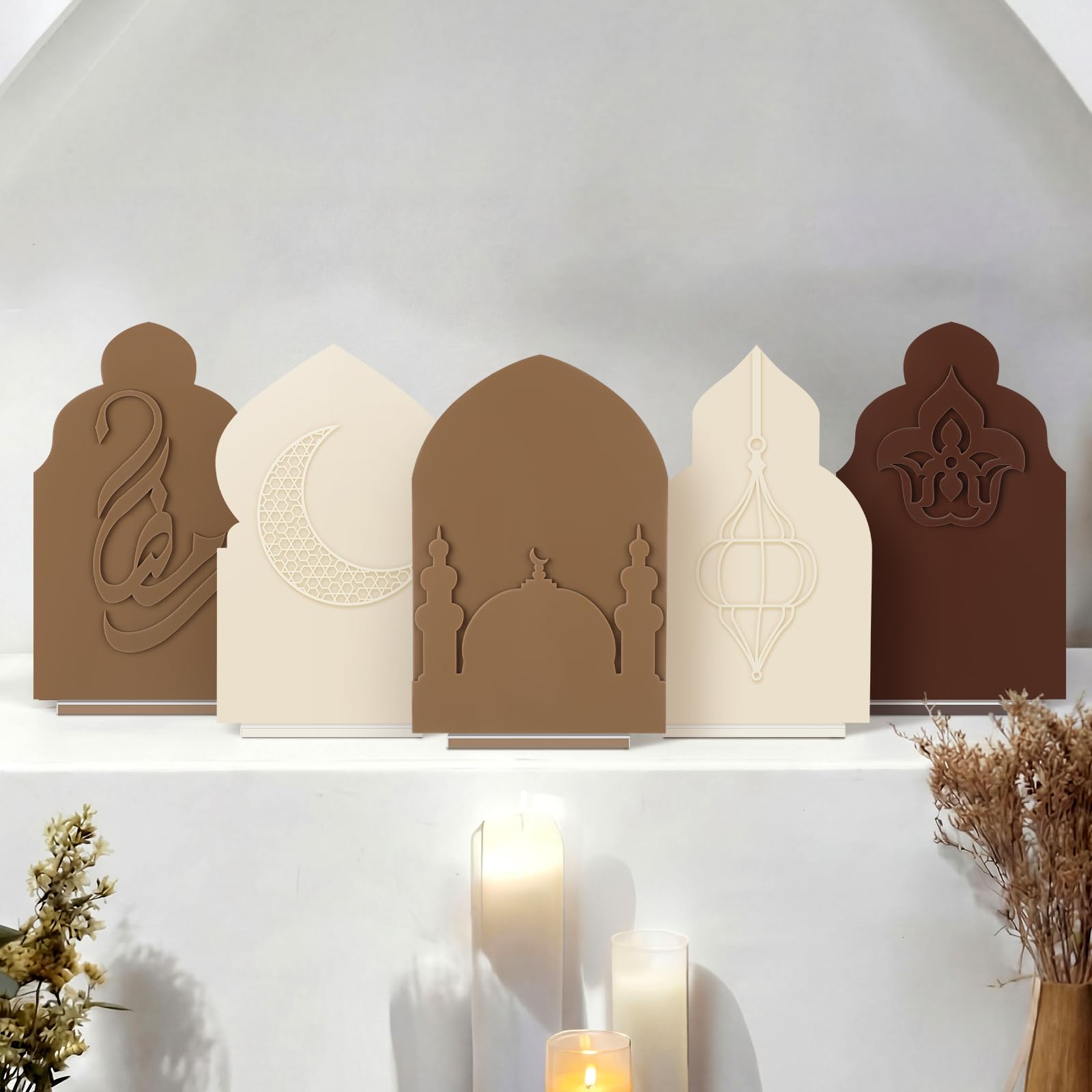 Photo 1 of Yookeer 5 Pcs Ramadan Table Sign Acrylic Islamic Eid Mubarak Table Decor Monochrome Ramadan Mubarak Home Tabletop Decoration for Mosque Islamic Monochrome Sign Gifts