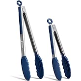 Kitchen Tongs, Stainless Steel Silicone Tongs for Cooking 600ºF High Heat-Resistant BBQ Grilling Locking Tongs, Set of 2-9" a