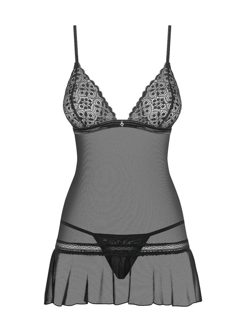 Obsessive See-through Shibu Chemise & Thong Lingerie Set, S/M, Black, 100 g