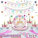 Unicorn Party Supplies Set - Birthday Decorations for Girls - Serves 16 - Magical Plates, Rainbow Straws, Cups, Banner, Cupcake Topper, Wrappers & Tableware kit - Pink items for Kids 1st Party Favors
