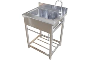 ASDJAKZP Stainless Steel Utility Sink, Free Standing Single Bowl Sink with Towel Rack, Outdoor Commercial Restaurant Kitchen 