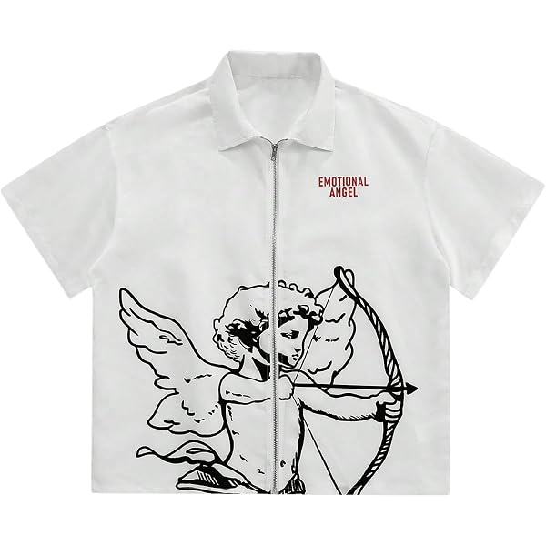 VIPWOLF Men's Y2K Graphic Tees Letter Short Sleeve Collared Zip Up