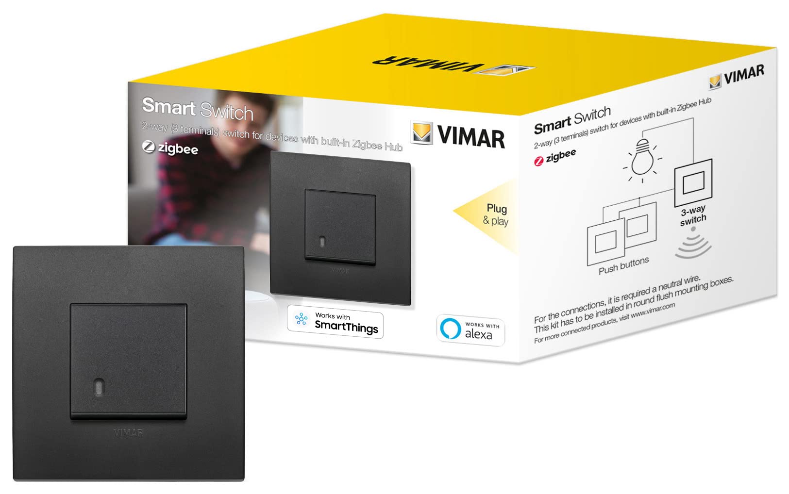 Vimar 0K19592.02 Arké smart 2-way switch Compatible with Alexa, kit plug & play for device in Zigbee Hub, required a neutral wired