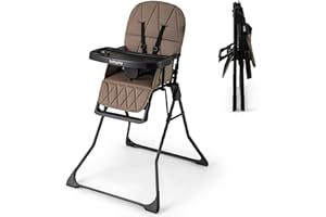 BABY JOY Foldable High Chair, Portable Highchairs for Babies and Toddlers with 3-Position Adjustable Tray & Footrest, Removable Seat Cushion, 5-Point Safety Harness, Space Saving Design (Coffee)