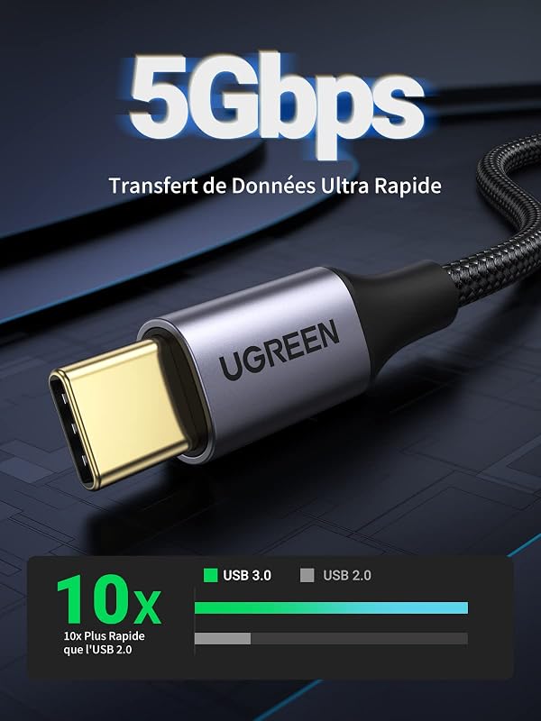 Câble USB C USB 3.0 5Gbps 3A Charge Rapide Nylon Tressé (1M)