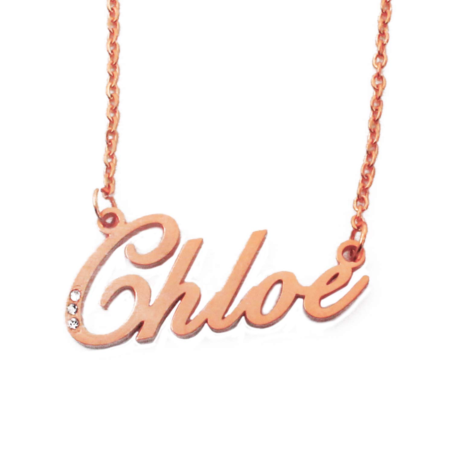 Kigu Chloe Name Necklace Personalised Rose Gold Plated Inc Crystals, Custom Dainty Name Pendants, Jewellery for Ladies, Girlfriend, Mother, Sister, Friends Inc Bag & Box