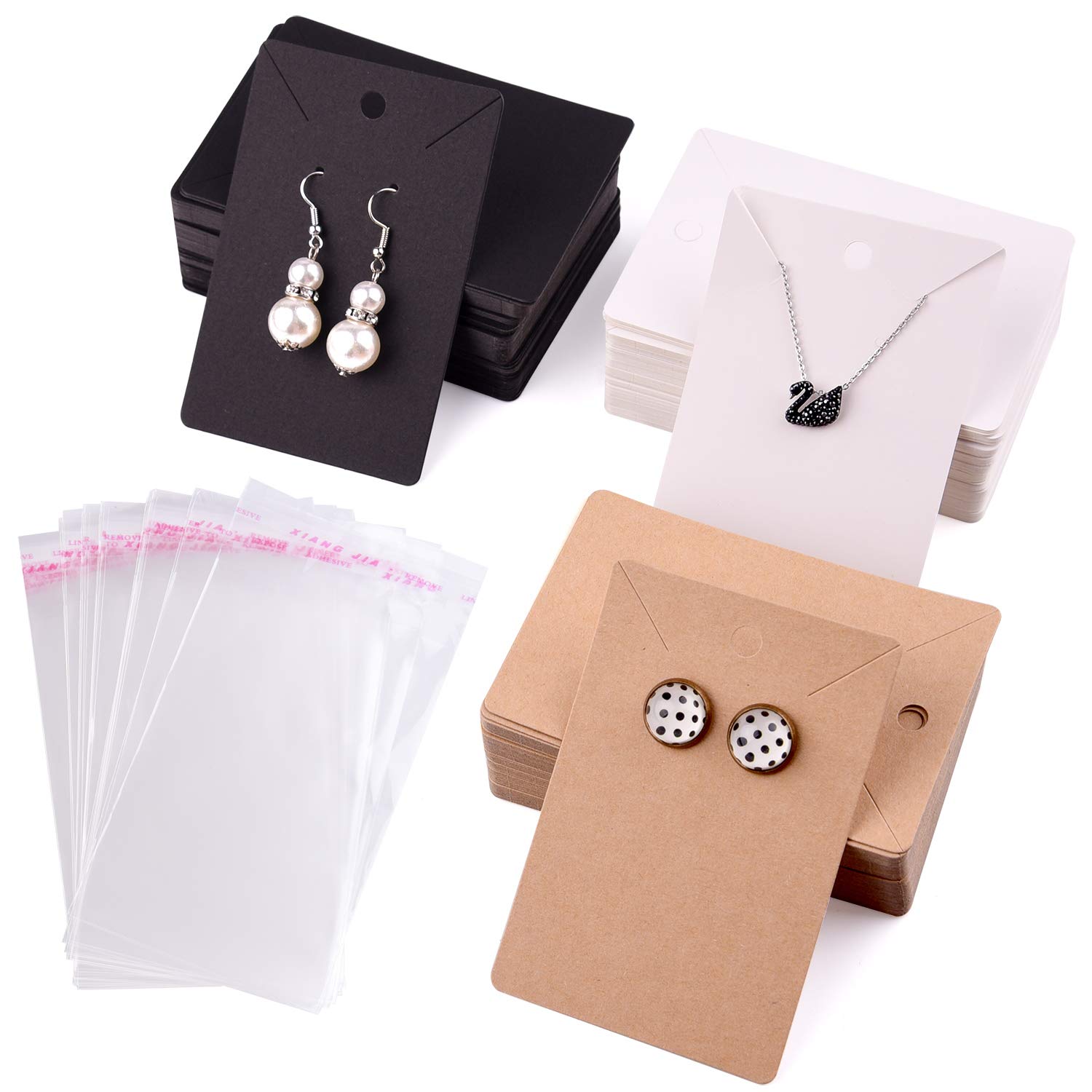 TUPARKA Earring Display Card 120 PCS Earring Card Holder Blank Kraft Paper Tags with Self-Seal Bags for DIY Ear Studs and Earrings in Black, Brown, and White (6x9CM)