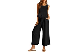 AUTOMET Womens Summer 2 Piece Outfits Linen Crop Tank Tops Lounge Matching Sets & Long Track Pants Tracksuits 2025