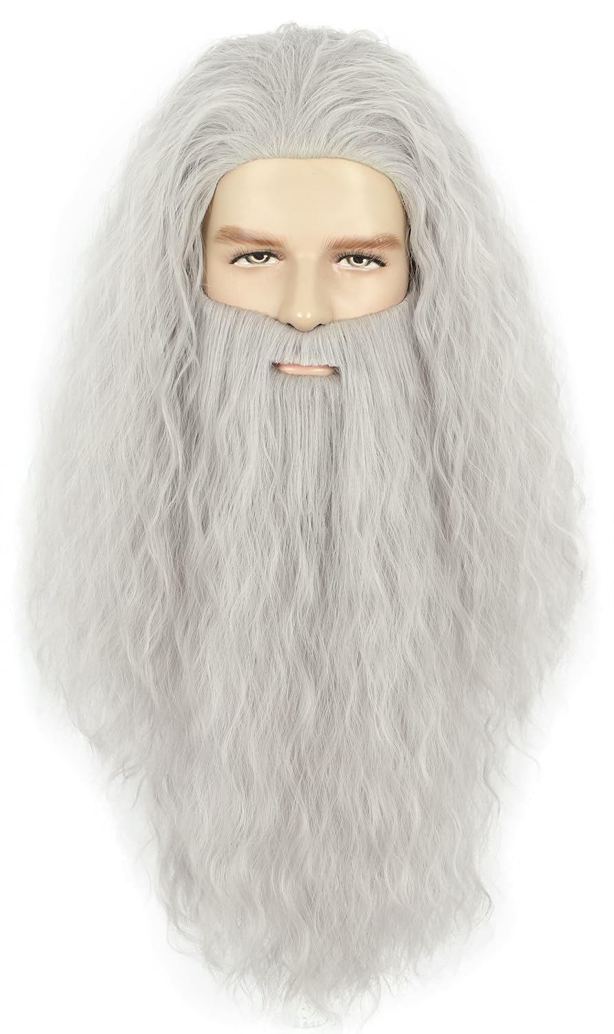 Yuehong Men Long Grey Curly Big Beard Wig Film Anime Cosplay Costume Hair Heat Resistant Synthetic Fibers Wig Soft Durable Breathable