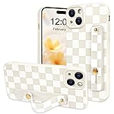 NITITOP Compatible with iPhone 15 Plus Case with Wrist Strap Kickstand Cute Trendy Checkerboard Plaid for Women Girls Slim Fit TPU Silicone Shockproof Full Camera Protective Cover - White
