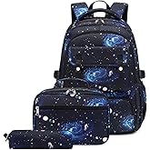 Mildame Galaxy Backpack for Boys with Lunch Box Set, 3Pcs Boys Bookbag for Elementary, 3 in 1 Teens Space Printed School Bag