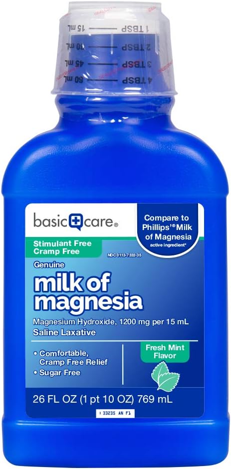 Amazon.com: Basic Care Leche de magnesia, sabor a menta fresca, laxante salino líquido para alivio del estreñimiento, 26 onzas líquidas: Health \u0026 Personal Care
