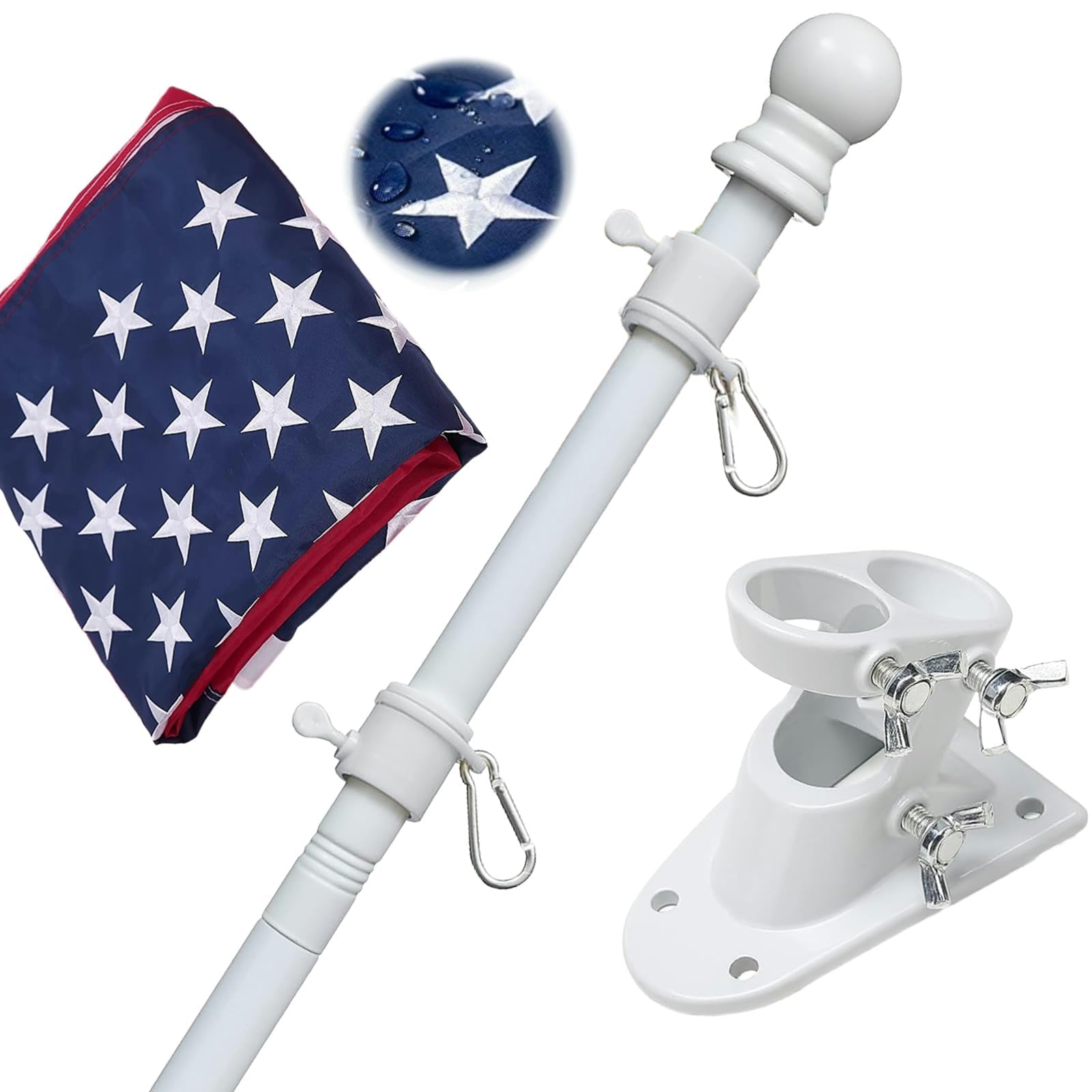 Photo 1 of Flag Pole Kit with 3x5 American Flag Outdoor - 7ft Tangle Free Metal Flagpole with Holder Bracket & Embroidered US Flags - Rustproof Heavy Duty for Outside House Porch Garage Mount - White