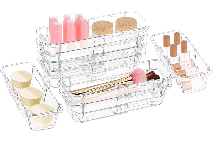 8 Pcs Medium Extendable Clear Drawer Organizer, All Adjustable Vanity Storage Box, 2-Size Desk Drawer Organizer, Acrylic Storage Bins for Makeup, Cosmetic, Bedroom Dressers Tool Organizer for Gadgets