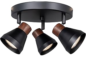 CRAFTRONOS 3-Light Modern Track Lighting Kit Black Faux Wood Accent,Adjustable GU10 Flush Mount Ceiling Fixture Pivot Multi-Directional Round Spotlight for Kitchen Bedroom Living Room Home Improvement