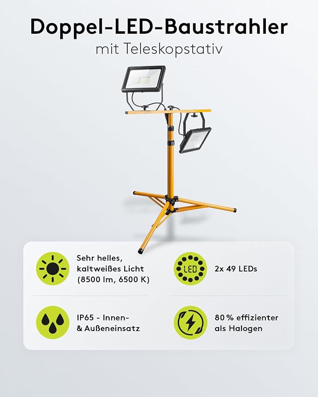2 x 50W Baustrahler LED mit Stativ einstellbar und 2,5m Kabel für Baustelle, Werkstatt oder Keller - IP65 Baulampe LED für Innen- & Außenbereich - Strahler 2x8500 Lumen kaltweißes Licht 6500K