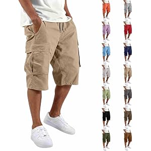 Twill Cargo Shorts for Men Casual Cotton Classic Bermuda Shorts with Pockets Drawstring Comfort Big and Tall Outfit