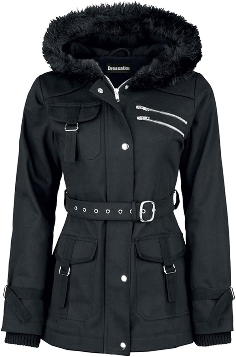 Dressation Womens Faux Fur Hooded Black Winter Parka Jacket Coat with Belt