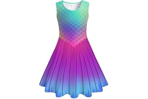 Funnycokid Girls Mermaid Dress Kids Summer Sleeveless Dresses Birthday Sundress Swing Outfit 4-13 Years