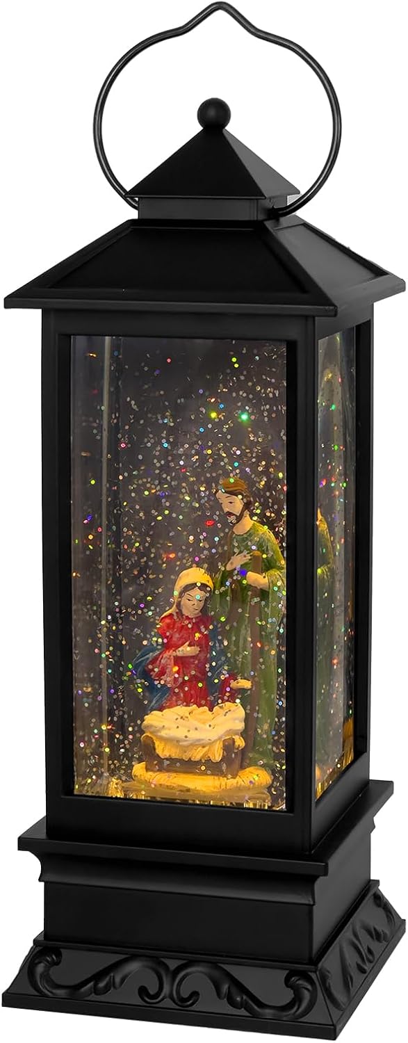 Snow Globes - POPONINE Christmas Snow Globe Lantern, with Music and 6 Hour Timer, USB and Battery Powered Swirling Sing Silent Night, Sparkling Christmas Decorations Indoor Nativity
