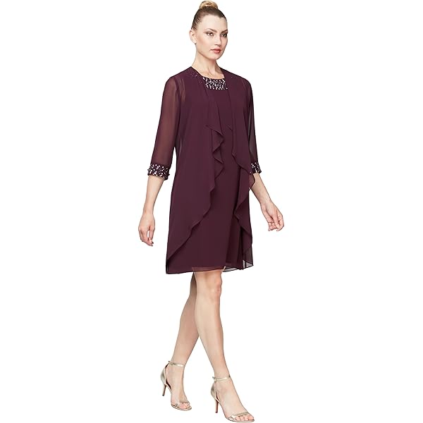 r&m richards womens chiffon beaded dress with jacket Beaded Slip Chiffon Jacket Dress main image 1