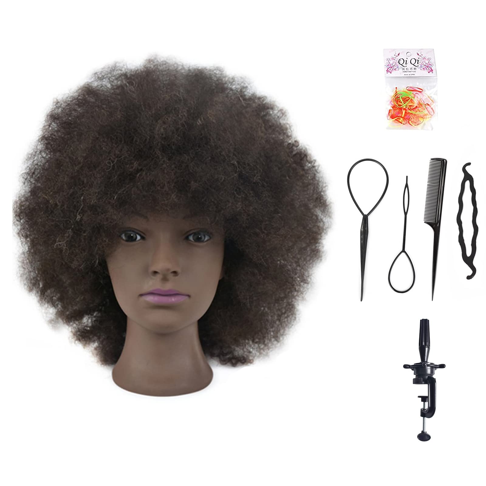 Davinona Training Head African American with 100% Human Hair Mannequin Head Cosmetology Afro Hair Manikin Head for Practice Styling Braiding with Free Clamp+Braid Sets (Natural Black)