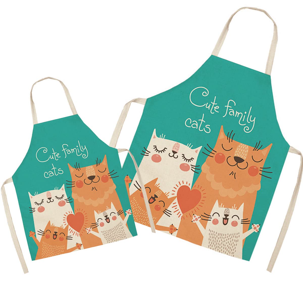 Eyand Family Cat Matching Parent and Child Apron for Cooking Painting Gardening - Lovely Pattern Linen Parent and Kid Apron for Family Time, Mom Dad Daughter Son Kitchen Apron