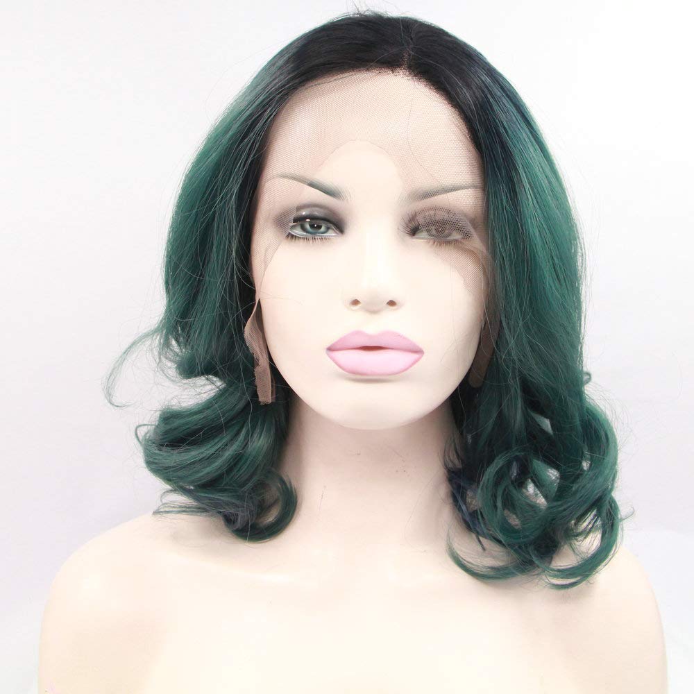 SereneWig Black Green Bob Lace Front Wigs for Women Best Green Teal Ombre with Dark Roots Wigs uk Loose Curly Side Parted Heat Resistant 14Inches Haircut — image 1