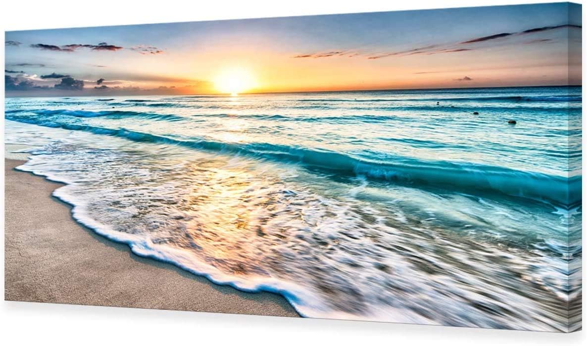 ZENDA Beach Sunset Wall Art Sea Waves Painting Home Decoration for Livingroom Bedroom Framed and Ready to Hang