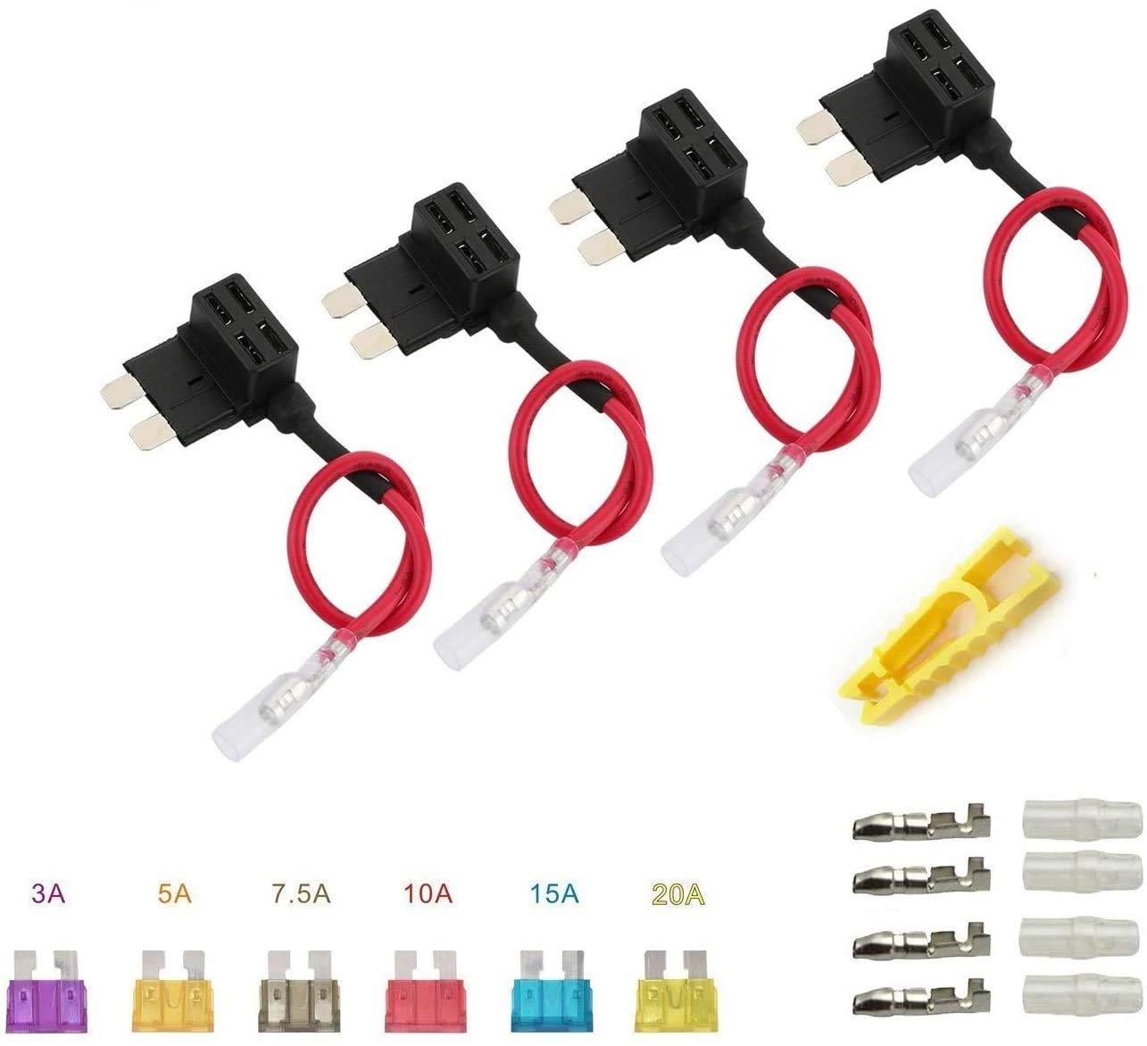 Car Add-a-circuit Fuse Holder ACU Tap Adapter 12V 24V with 6 pcs Standard Fuse (3A 5A 7.5A 10A 15A 20A) and 1 Fuse Puller (4 Pack)