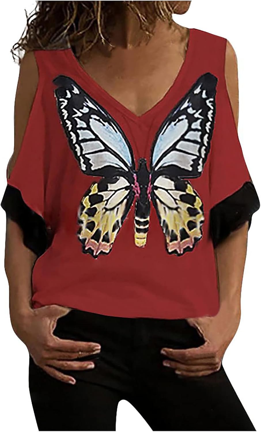 Women's Off The Shoulder 3/4 Sleeve Blouses Tops V-Neck Butterfly Print T Shirts Summer Casual 