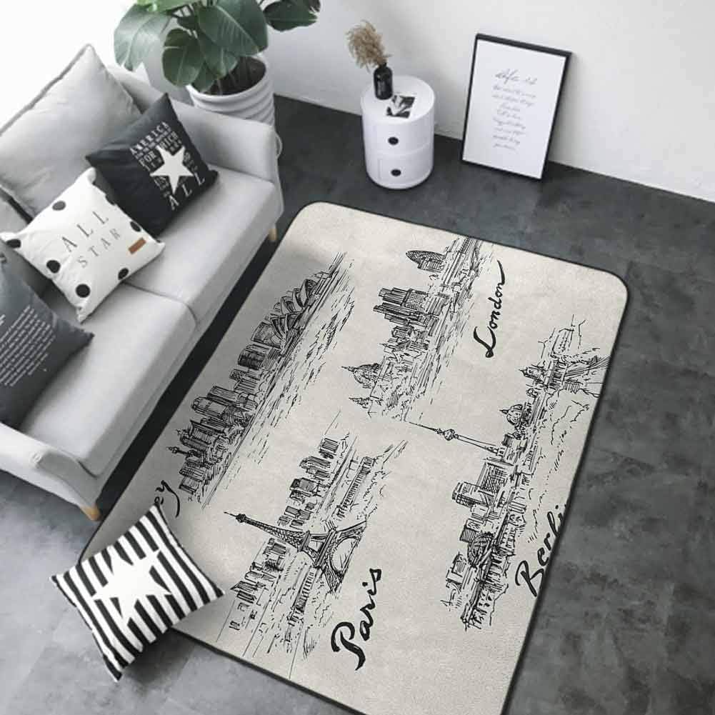Front Mat Home Decorative Carpet Colorful Travel,Silhouettes of Different Popular Cities in World Paris Sidney Berlin London Print, Cream Black 48"x 72" Rugs for Outside