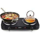 MIOAOTCE Countertop Double Cast Iron Burner 1800 Watts Electric Hot Plate with Adjustable Temperature 6.1" Cooktop for Dorm, Office, Home, Camp, Compatible for All Cookwares