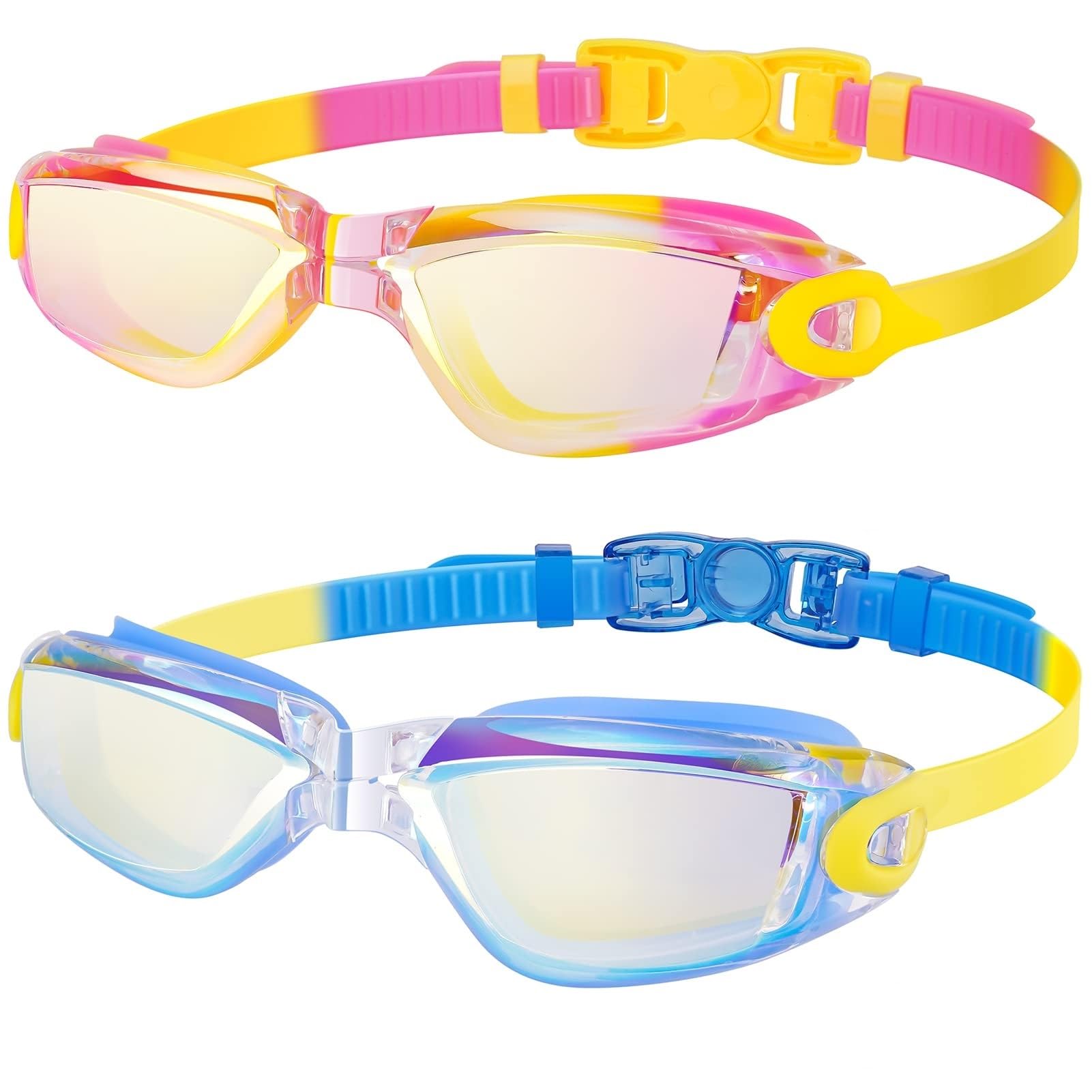 EasYoung Kids Swim Goggles 2-Pack for Children, Teens, Boys or Girls - UV Protection Pool Goggles, Pink/Yellow Mirrored + Blue/Yellow Mirrored