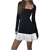 GORGLITTER Women's Pleated Mini Dress Color Block Ruffle Hem Long Sleeve Evening Dinner Trendy Fall Dresses 2025