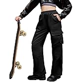 Perfashion Cargo Pants for Girls Hip Hop Dance Metallic Y2K Neon Drawstring Parachute Wide Leg Jogger 4-13Y