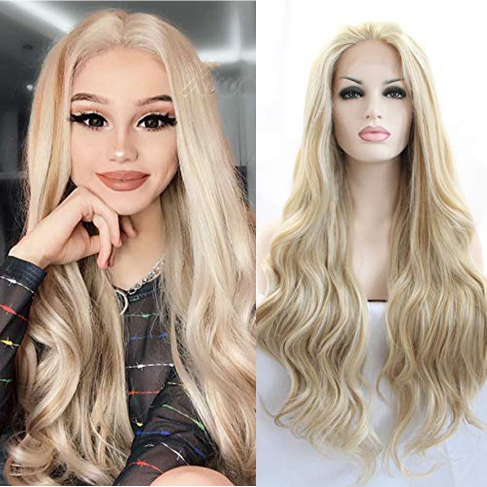 Xiweiya Mixed Blonde with Golden Piano Color Lace Front Wig Long Natural Wave Synthetic Lace Front Wig Highlight Blonde Wig Heat Resistant Fiber Wig for Woman Halloween Cosplay 24inch