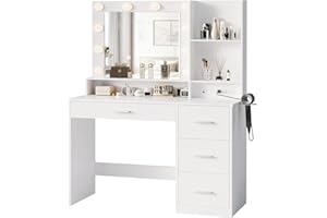 YESHOMY Vanity Desk with Mirror, Power Outlet and 10 Lights, Makeup Table with 4 Drawers, 3 Color Modes Available for Bedroom, Pure White, 39x15.75x59.41 inch