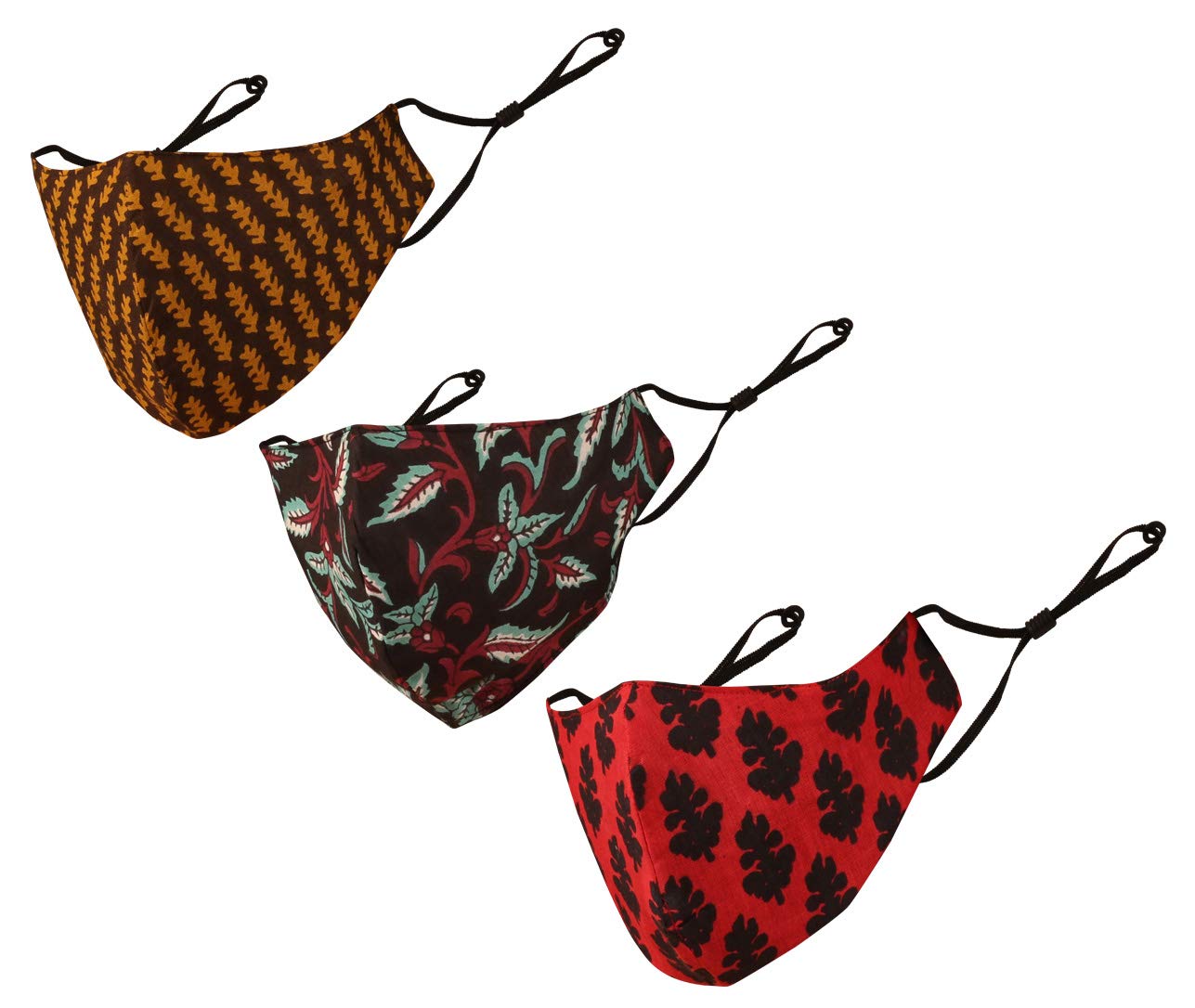 Touchstone Indian Heritage print Adjustable filter pocket 3 layer cotton face mask reusable washable for men, women (Pack of 3). Pink Yellow Blue