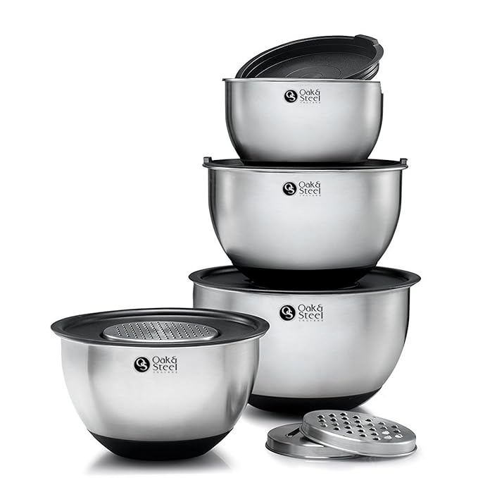 11-teiliges Edelstahl Schüsselset & Salatschüssel Set – 4 verschiedene Größen mit extra großer XXL Schüssel – ineinander stap
