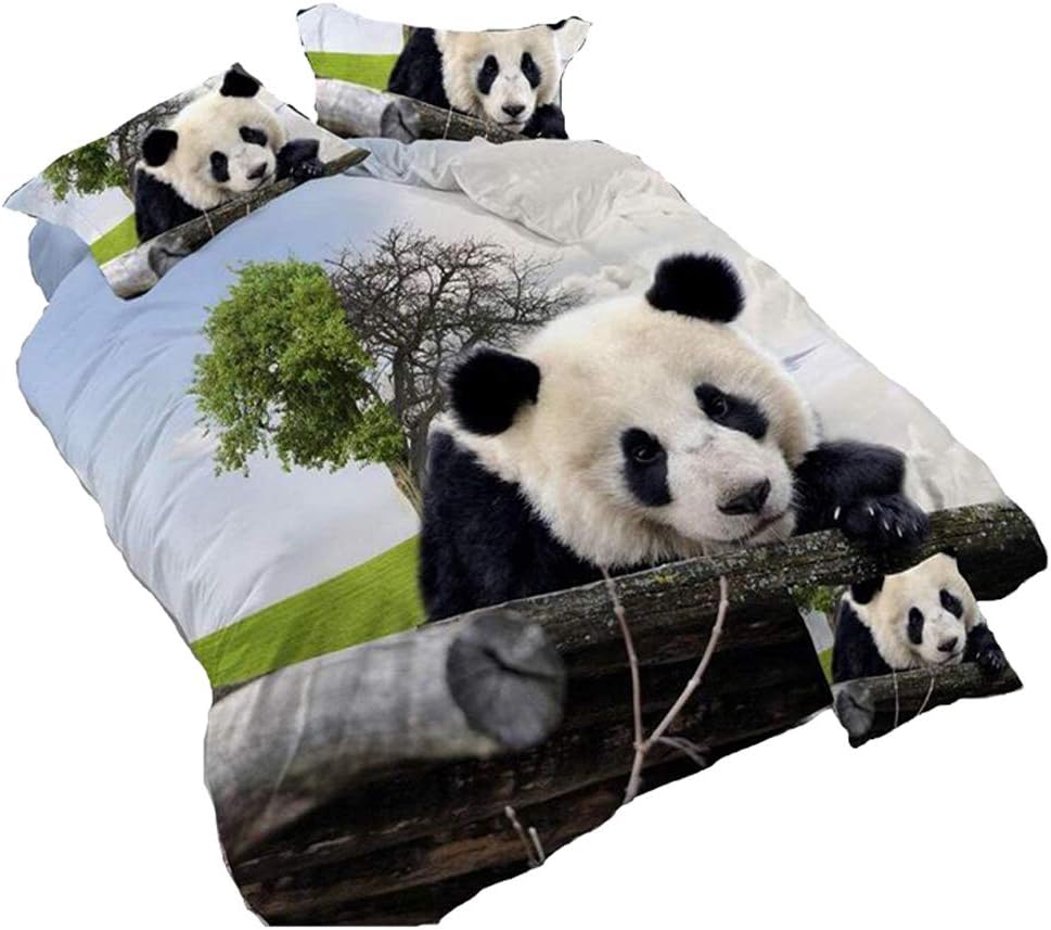 HOHAI 3D Tree Pandas Bedding Set 4Piece Green Print Duvet Cover Polyester Comforter Set Double Size