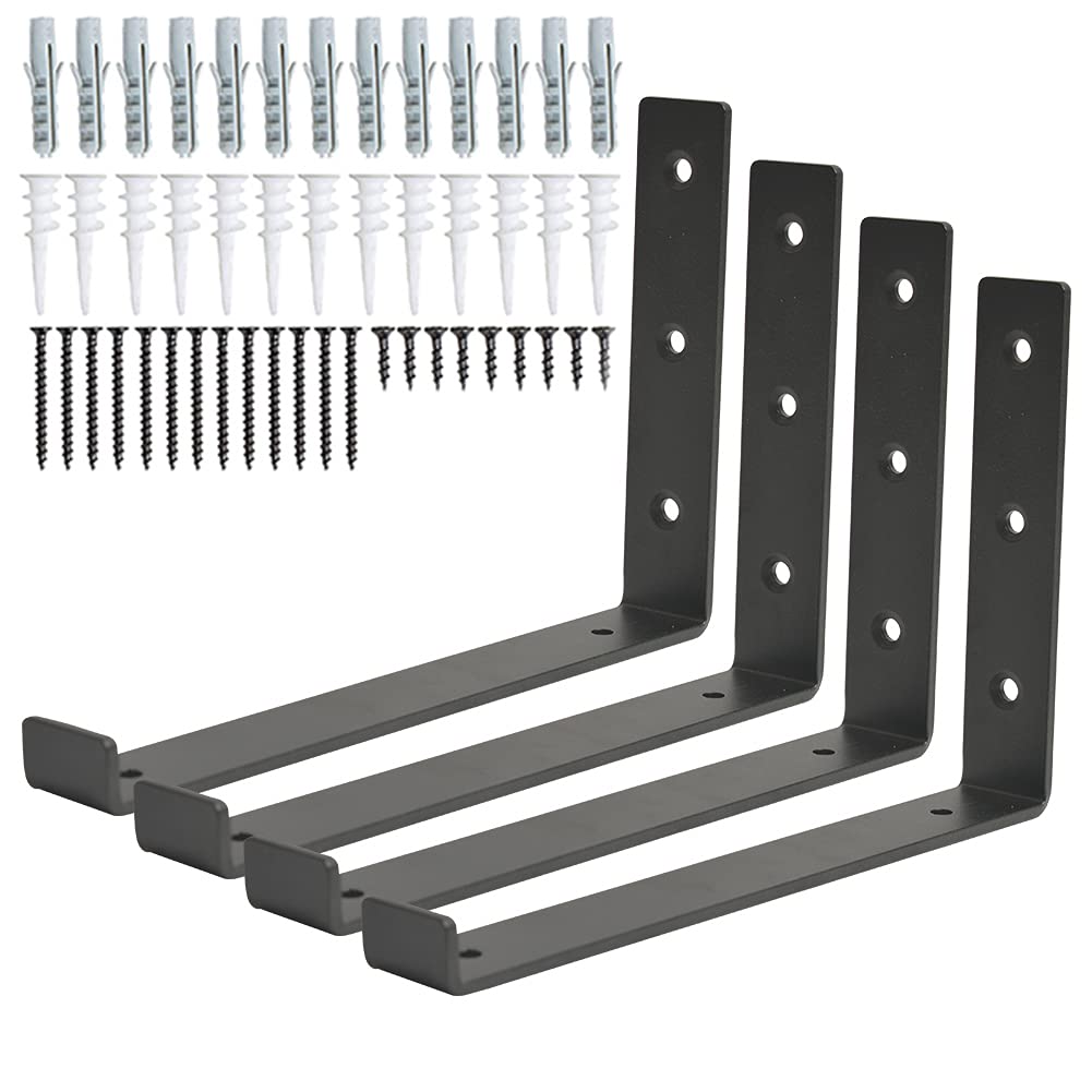 4 Pack Shelf Brackets, Wall Mounted Shelve Brackets,J Bracket with Lip,Shelving Support Brackets, Book Shelf Bracket with Screws and Anchors,Black(11.25 inch)