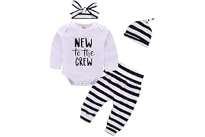 i-Auto Time Baby Girl Boy Clothes New to The Crew Romper+Striped Pants+Hat+Headband